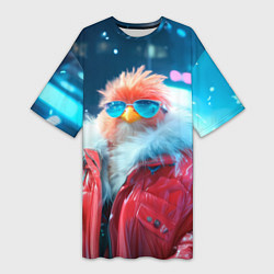 Женская длинная футболка Розовая птичка в куртке