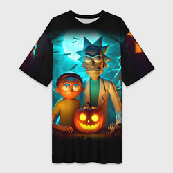 Женская длинная футболка Morty and Rick with pumpkin - neon halloween
