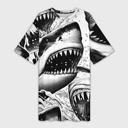 Футболка женская длинная Белая акула - стая, цвет: 3D-принт