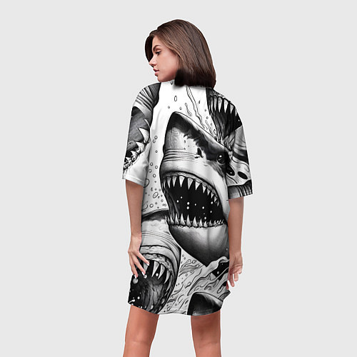 Женская длинная футболка Белая акула - стая / 3D-принт – фото 4