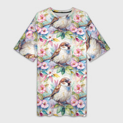 Футболка женская длинная Воробей в ярких цветах паттерн, цвет: 3D-принт