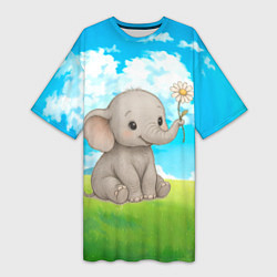 Женская длинная футболка Слоненок с цветочком