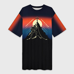 Футболка женская длинная На бога надейся сине-красный арт, цвет: 3D-принт