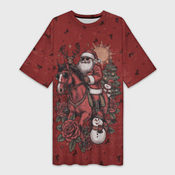 Женская длинная футболка Санта Клаус на красном коне верхом