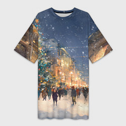 Женская длинная футболка Новый год в Москве новогодняя елка