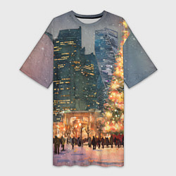 Женская длинная футболка Москва - сити и новогодняя елка