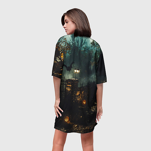 Женская длинная футболка Ночь тыкв и теней / 3D-принт – фото 4