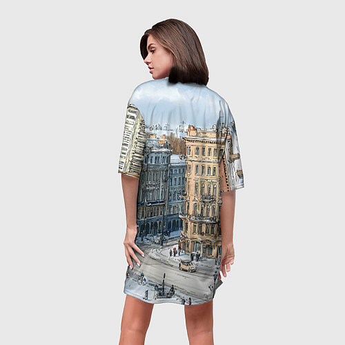 Женская длинная футболка Зимняя улица Питера / 3D-принт – фото 4