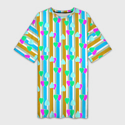 Футболка женская длинная Полосатый с сердечками ретро в горошек, цвет: 3D-принт