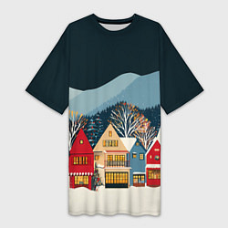 Женская длинная футболка Новогодний городок в горах
