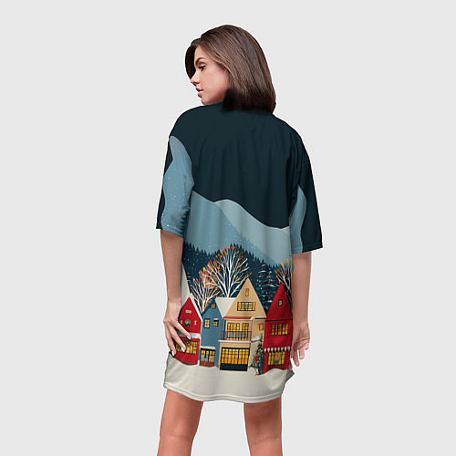 Женская длинная футболка Новогодний городок в горах / 3D-принт – фото 4