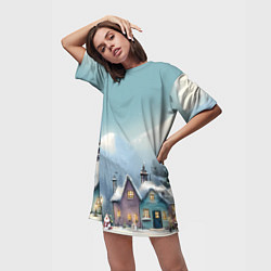 Футболка женская длинная Новогодние дома, цвет: 3D-принт — фото 2