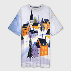 Женская длинная футболка Новогодние домики на горе