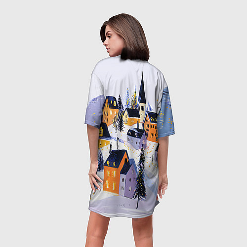 Женская длинная футболка Новогодние домики на горе / 3D-принт – фото 4