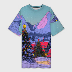 Футболка женская длинная Новогодние елки в горном городке, цвет: 3D-принт