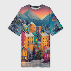 Женская длинная футболка Новогодний город в горах