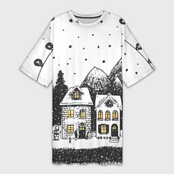 Женская длинная футболка Черно-белый новогодний город