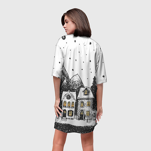 Женская длинная футболка Черно-белый новогодний город / 3D-принт – фото 4