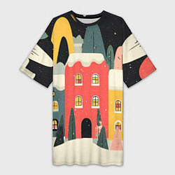 Футболка женская длинная Разноцветные новогодние дома, цвет: 3D-принт