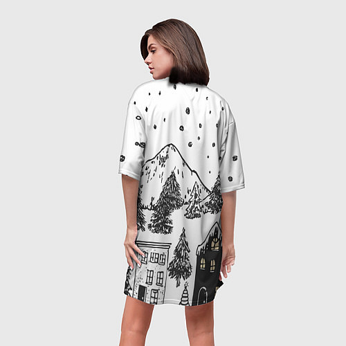 Женская длинная футболка Заснеженный черно-белый город / 3D-принт – фото 4