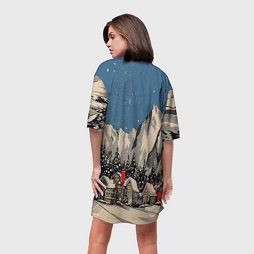 Женская длинная футболка Небольшой новогодний город в горах / 3D-принт – фото 4