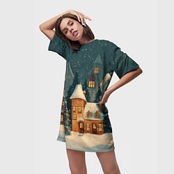 Футболка женская длинная Сказочный Новогодний городок, цвет: 3D-принт — фото 2