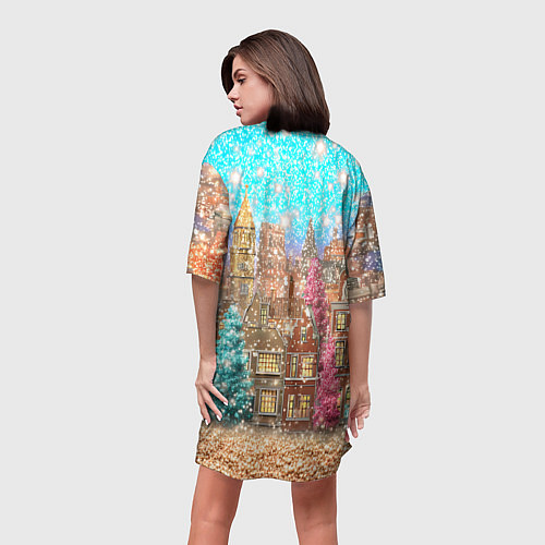 Женская длинная футболка Новогодний город в блестках / 3D-принт – фото 4