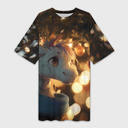 Футболка женская длинная Лошадка под новогодней елкой, цвет: 3D-принт