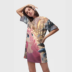 Футболка женская длинная Удивленная лошадка - Новый год, цвет: 3D-принт — фото 2