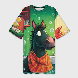 Женская длинная футболка Лошадь моется в ванной