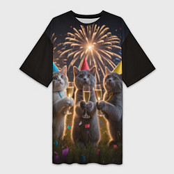 Футболка женская длинная Праздничные коты, цвет: 3D-принт