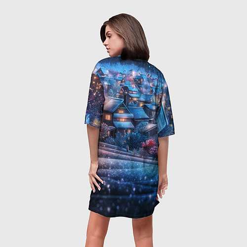 Женская длинная футболка Новогодний двор в блестках / 3D-принт – фото 4