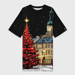 Женская длинная футболка Красная новогодняя елка