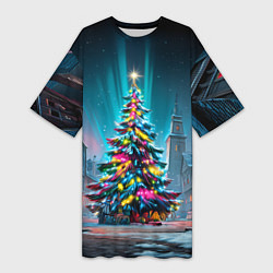 Женская длинная футболка Новогодняя елка в гирляндах