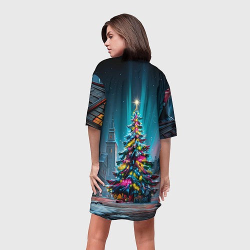 Женская длинная футболка Новогодняя елка в гирляндах / 3D-принт – фото 4