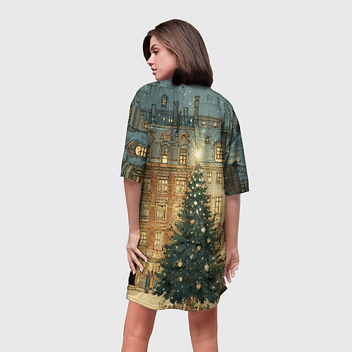 Женская длинная футболка Новогодний старый город / 3D-принт – фото 4