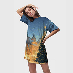 Футболка женская длинная Новый год в старом городе, цвет: 3D-принт — фото 2