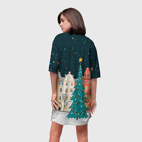 Женская длинная футболка Новогодняя ночь в городе / 3D-принт – фото 4