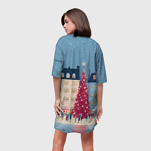 Женская длинная футболка Новогоднее гуляние у красной елки / 3D-принт – фото 4