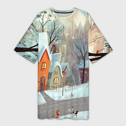 Женская длинная футболка Милый новогодний дворик