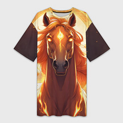 Футболка женская длинная Огненная лошадь в свечении, цвет: 3D-принт
