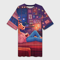 Футболка женская длинная Конь в Новогодние праздники у телевизора, цвет: 3D-принт