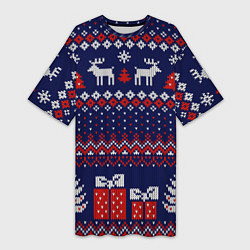 Футболка женская длинная Новогодний вязаный паттерн, цвет: 3D-принт