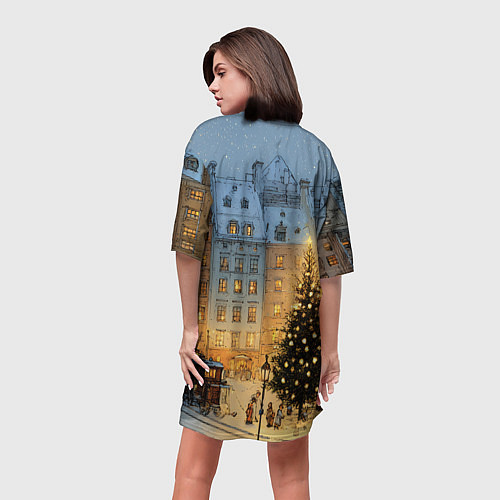 Женская длинная футболка Новый год в старом уютном городе / 3D-принт – фото 4