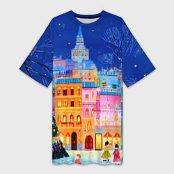 Футболка женская длинная Разноцветные новогодние домики, цвет: 3D-принт
