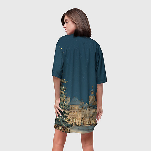 Женская длинная футболка Новогодняя атмосфера в городе / 3D-принт – фото 4