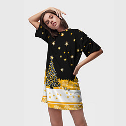 Футболка женская длинная Новый год в черно-желтом стиле, цвет: 3D-принт — фото 2