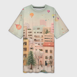 Женская длинная футболка Объемный новогодний город