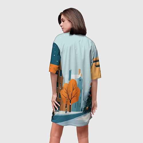 Женская длинная футболка Новогодняя улица / 3D-принт – фото 4