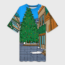 Женская длинная футболка Мультяшный новогодний двор